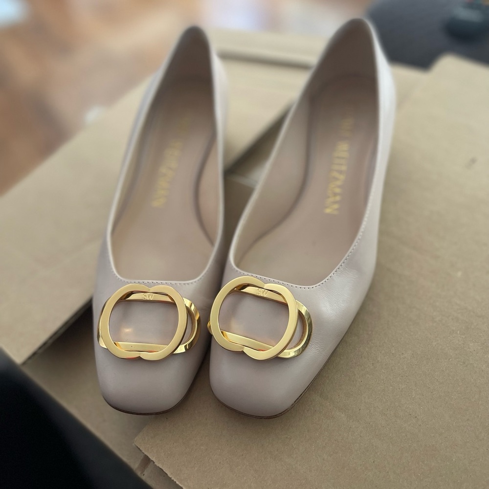 Stuart Weitzman Taupe Leather Flats with Gold Buckle
